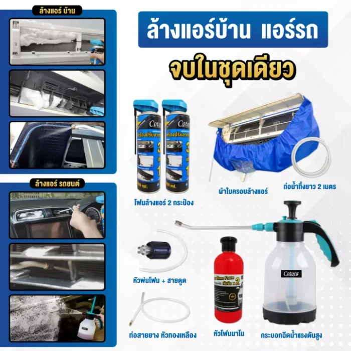 Cotora ชุดโฟมล้างแอร์ ครบวงจร ล้างแอร์รถยนต์ ล้างแผงคอยล์เย็น ล้างพัดลมกรงกระรอก ล้างคอยล์ร้อน แอร์บ้าน / แอร์รถ + โฟมล้างรถ