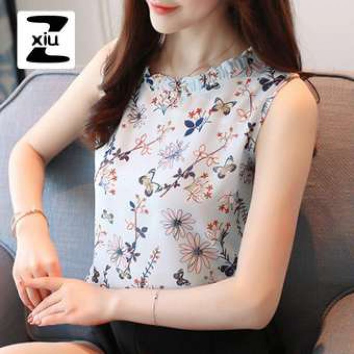 เสื้อแฟชั่นสตรีเสื้อและเสื้อสไตล์เกาหลีพิมพ์เสื้อชีฟองแขนกุดผู้หญิงขนาดบวกเสื้อสำหรับผู้หญิง
