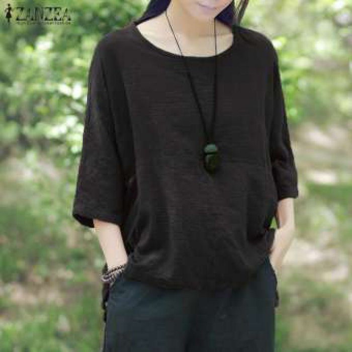 ZANZEA เสื้อสตรีคอกลมแขนสามส่วน เสื้อเบลาส์สตรีผ้าฝ้ายยาวแหวกแนวแบบมีสไตล์สีม่วงสำหรับใส่พักผ่อนในฤดูใบไม้ร่วง เสื้อสีม่วง