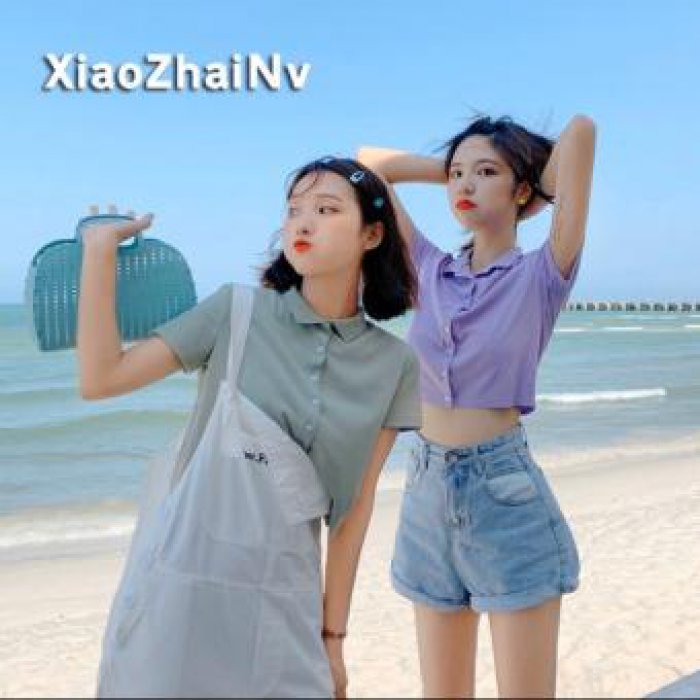 เสื้อครอปคอปก กระดุมหน้า แขนสั้น