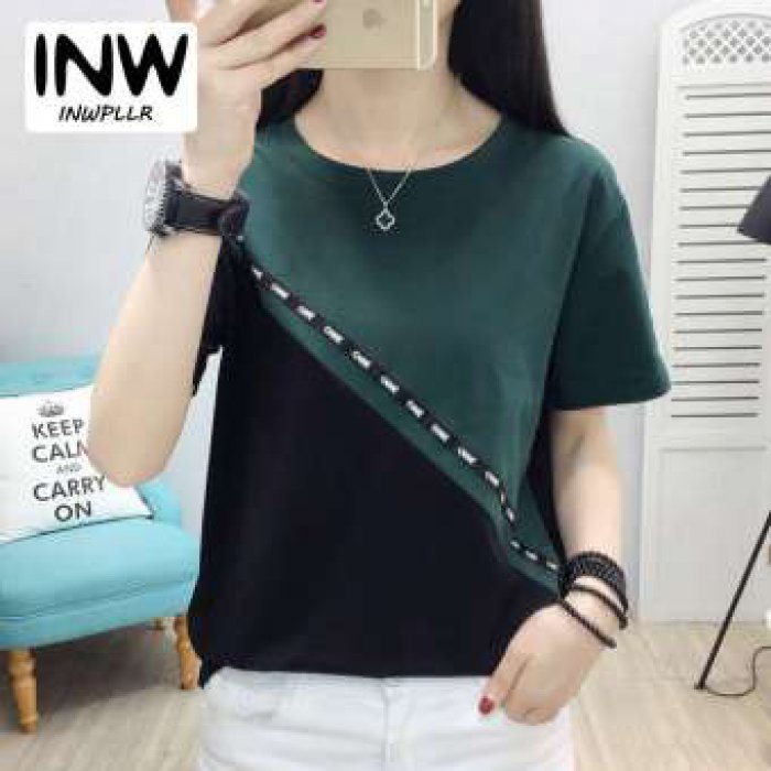 Inwpllr แฟชั่นสตรีเสื้อยืดผู้หญิงขนาดบวกเสื้อยืดเกาหลีแขนสั้นเย็บปะติดปะต่อกันเสื้อยืดผู้หญิง Tops ฤดูร้อนลำลองเสื้อยืด O-คอเลดี้เสื้อยืด