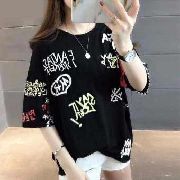 Kinwoo เสื้อยืดแฟชั่นผู้หญิง คอกลมแขนสั้น ทรงหลวมสายเก๋ สไตส์วันรุ่นเกาหลี