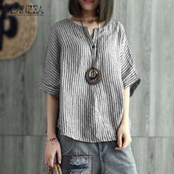Zanzea ผู้หญิงลาย Batwing เสื้อท็อปส์คอ V สบายๆ O versize เสื้อยืดเสื้อ