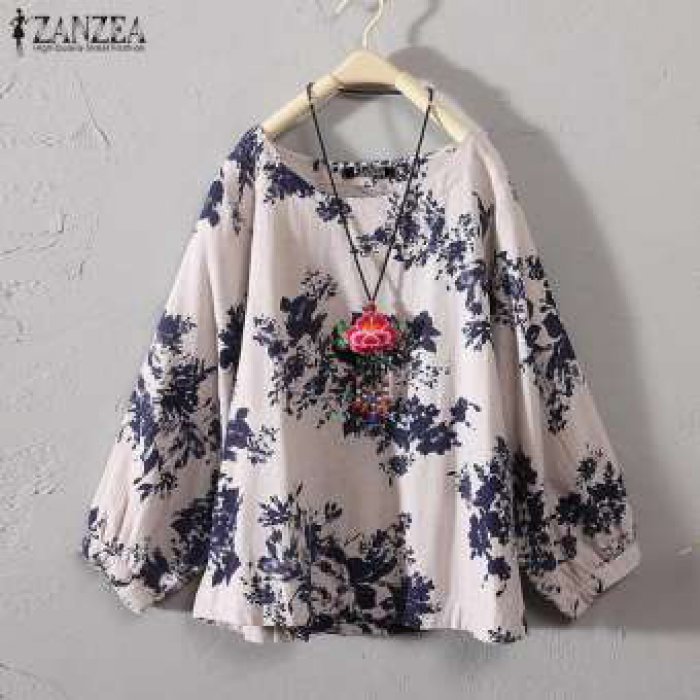 ZANZEA เสื้อเบลาส์ Peasant พิมพ์ลายดอกไม้ เสื้อคอกลม เสื้อคอกลมพลัสไซส์สไตล์เรโทรโบฮีเมียนแบบลำลองสำหรับสตรี