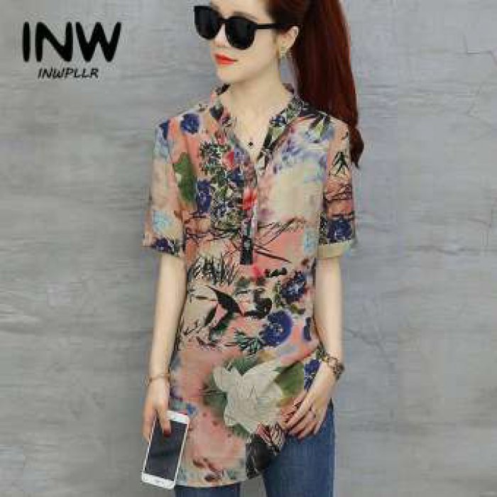 Inwpllr ฤดูร้อนท็อปส์แฟชั่นสตรีเสื้อขนาดบวกคอวีแขนสั้นเสื้อลำลองบางดอกไม้เสื้อเสื้อผู้หญิงยาวเสื้อ