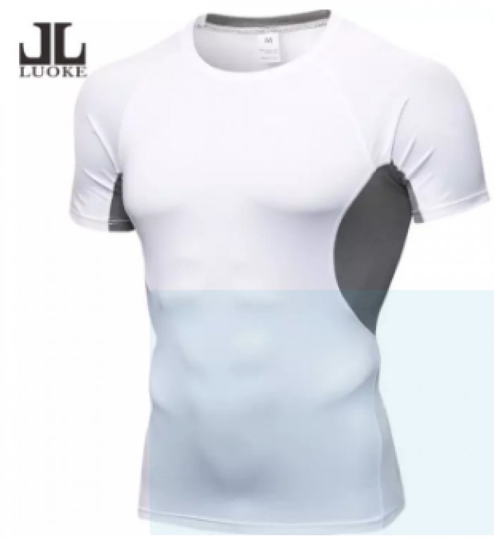 Luoke Professional Menการบีบอัดเสื้อแขนสั้นออกกำลังกายPureสีPROกีฬาแห้งเร็วเสื้อออกกำลังกายเพาะกายตาไก่เสื้อยืดผ้าแขนยาว (สีขาว + สีเทา)