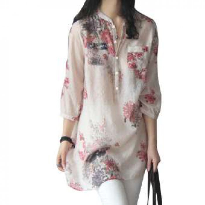 Kuhong ผู้หญิงพิมพ์ยาวดอกไม้ VINTAGE VINTAGE Elegant Casua เสื้อ - INTL