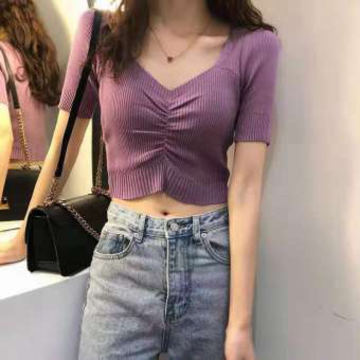 (พร้อมส่ง/ใหม่)AONEเสื้อไหมพรมคอหัวใจทรงรัดรูปแฟชั่นเกาหลีรุ่น#005