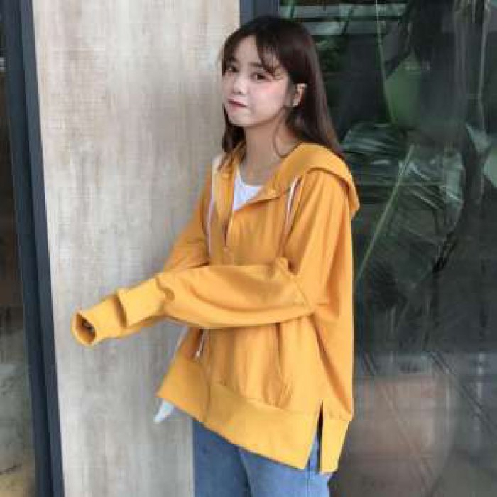 ใหม่เกาหลีหลวมสีทึบแขนยาวคลุมด้วยผ้าซิปเสื้อ