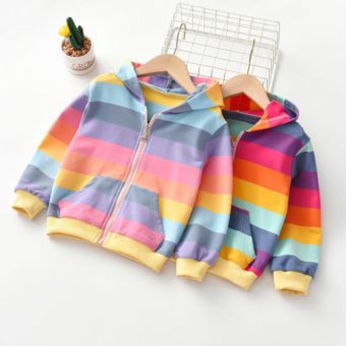 Kkbaby ^ _ 2-6y ฤดูใบไม้ร่วงเด็กสาวแจ๊กเก็ตสายรุ้งลายลำลองเสื้อกันหนาวหมวกซิปเสื้อยืดเด็กเสื้อชุดท็อปส์