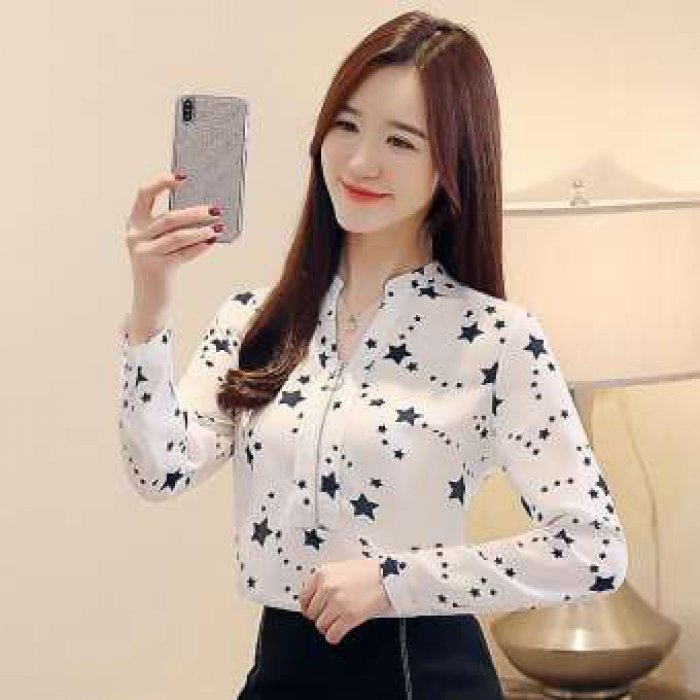 Afeg เสื้อเบลาส์คอวีผ้าชีฟองพิมพ์ลายใหม่