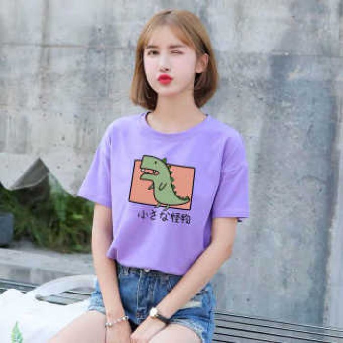 edison เสื้อยืดแขนสั้นแฟชั่นน่ารักการ์ตูนเกาหลี เสื้อยืดลาย คอกลม New fashion ladies short sleeves