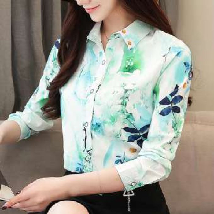 Afeg เสื้อเชิ้ตแขนยาวลายดอกไม้ผู้หญิงเสื้อชีฟองขนาดใหญ่