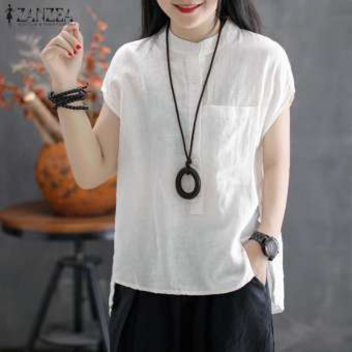 Zanzea ผู้หญิงปุ่มขึ้นพื้นฐาน TEE เสื้อยืดด้านบนหลวมขนาดบวกเสื้อเสื้อ