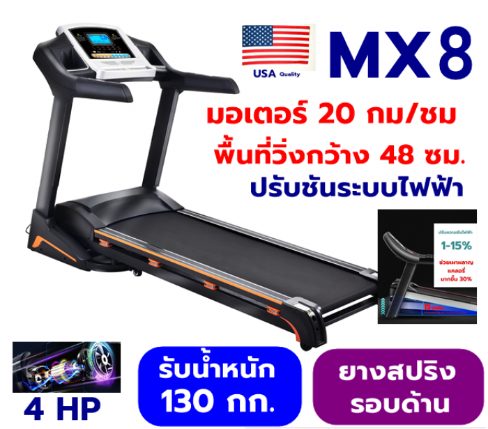 ลู่วิ่งไฟฟ้า MX8. พื้นที่วิ่งกว้าง 48 ซม ปรับชันด้วยไฟฟ้า มอเตอร์เร็วถึง 20 กม ชม