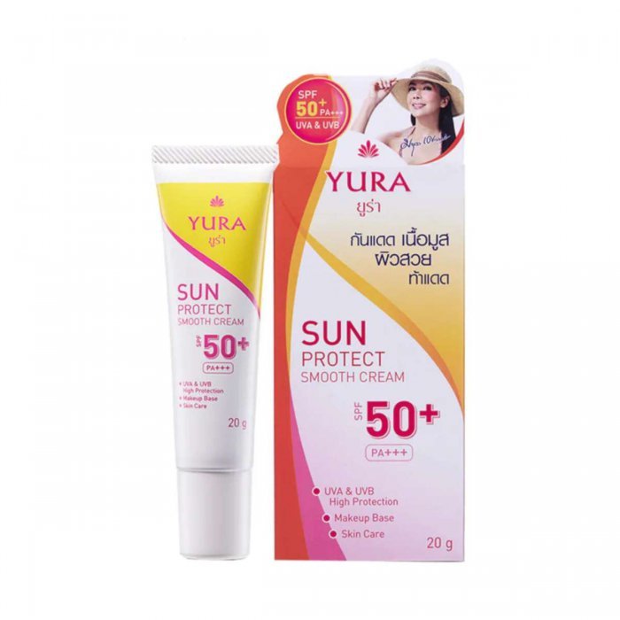 Yura Sun Protect Amooth Cream SPF 50+ PA+++ 20 g. ยูร่า ซัน โพรเทค สมูท ครีม เอสพีเอฟ 50+ พีเอ+++ ผลิตภัณฑ์ป้องกันแสงแดด ครีมกันแดด กันแดดเนื้อมูส กันแดดทาผิวหน้า