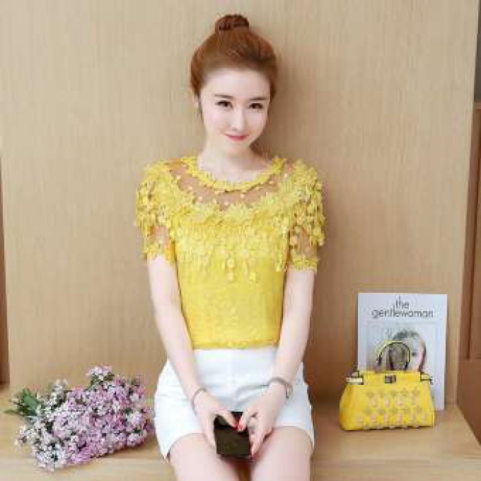 Afeg จัดส่งฟรีใหม่ที่สง่างามหวานสไตล์ชีฟองเสื้อลูกไม้ด้านบน