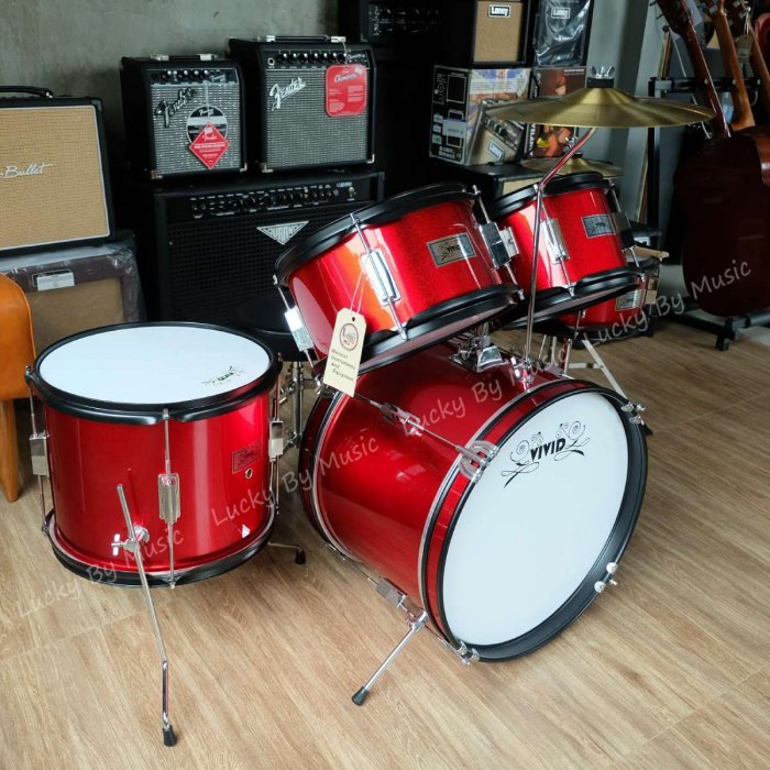 ส่งฟรี VIVID JUNIOR DRUM SET สีแดง ขอบเหล็กรมดำกันสนิมอย่างดี แถมฟรี!!! กระเป๋าไม้กลอง+ประแจกลอง+ไม้กลอง