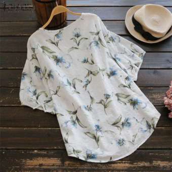 badgeZANZEA Women Plus Size Floral Printed Casual V Neck Top Shirt Blouse Tee