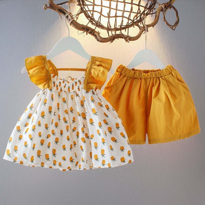 Little girlเด็กผู้หญิงชุดกระโปรงกางเกงขาสั้นSkirt shorts suitชุดเจ้าหญิงลายสับปะรดเย็นสบาย+กางเกงยางยืดชุด 2 ชิ้น6 เดือนถึง 4 ปี