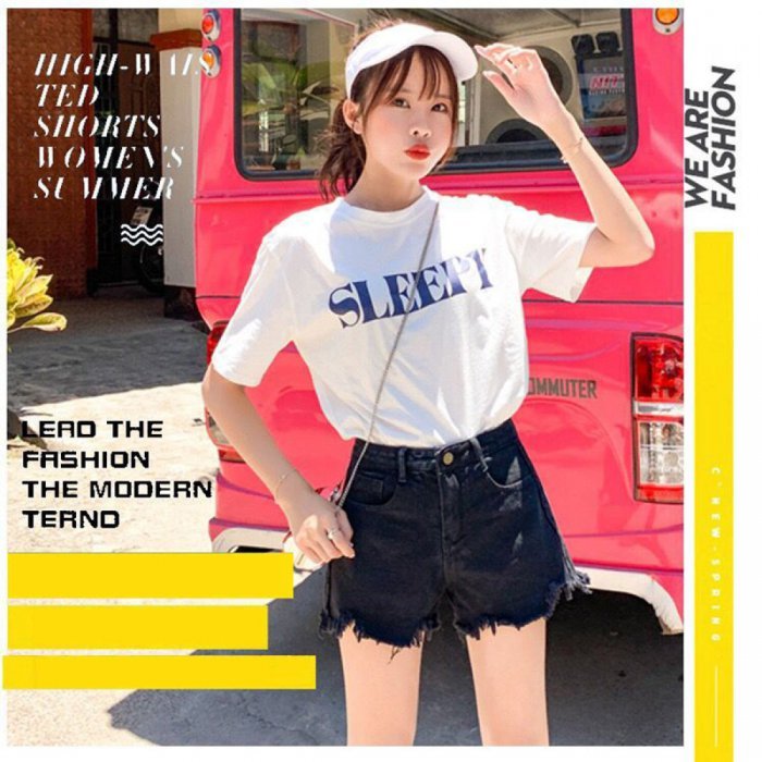  Lansel Shop ย้อนยุคเอวสูงกางเกงขาสั้นผ้ายีนส์หญิงเกาหลีหลวมขนาดใหญ่เป็นบางขากว้าง Denim shorts