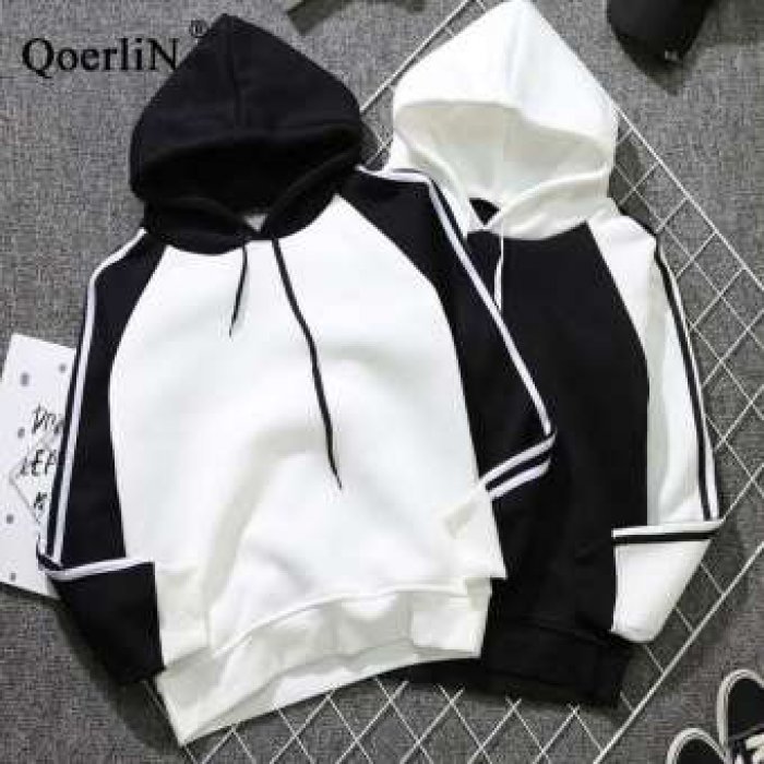 QoerliN (M-2XLcode) ผู้หญิงคู่เสื้อผ้าแฟชั่นสไตล์เกาหลีกีฬาสไตล์ลำลองลมลาย Hit สี Plus กำมะหยี่หลวมแขนยาวเสื้อโค้ตเสื้อกันหนาวมีฮูด