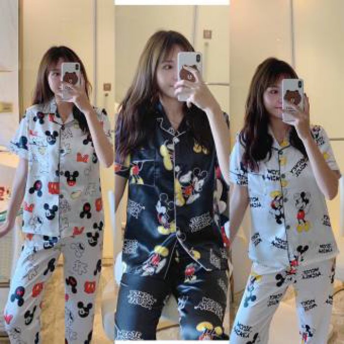 [พร้อมส่ง] ชุดนอนแฟชั่น ชุดนอนซาติน ชุดนอนแขนสั้นขายาว ผ้าซาติน น่ารัก ลายมิ้กกี้เม้าส์