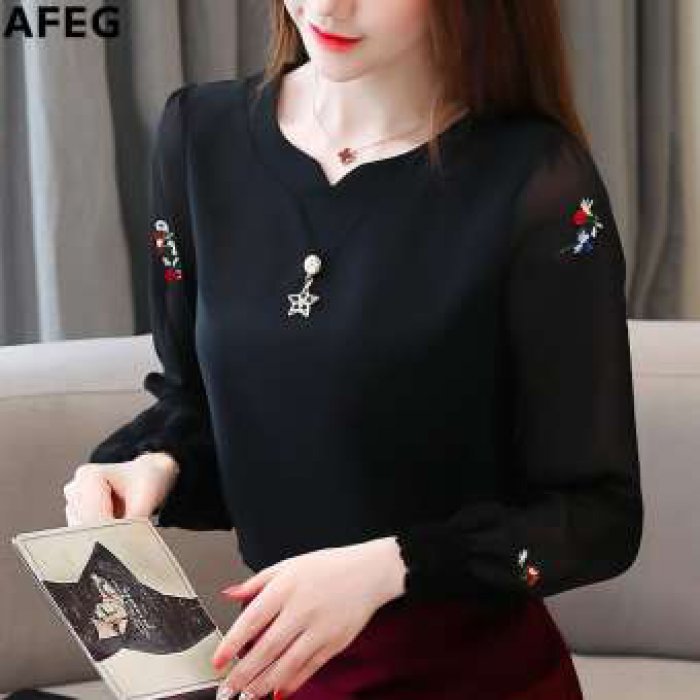 Afeg ใหม่แฟชั่นเกาหลีคอวีหลวมป่าอารมณ์หรูหราหวานปักเสื้อชีฟองแขนยาว