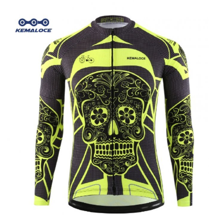 KEMALOCE ดำผู้ชายชุดปั่นจักรยานระบายอากาศเสื้อแขนยาว MTBเสื้อจักรยานชาย กะโหลกศีรษะเสื้อปั่นจักรยานแขนยาว