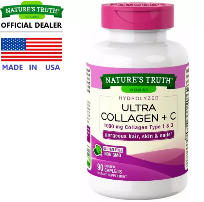 Nature’s Truth Collagen 1,000 mg + C x 90 เม็ด เนเจอร์ ทรูทร์ คอลลาเจน ชนิดที่ 1 & 3 + วิตามินซี เส้นผม ผิวหนัง เล็บ / กินร่วมกับ เอแอลเอ แอสต้าแซนทีน ไบโอติน คลอเรลล่า โคคิวเท็น แซมบูคัส เมล็ดองุ่นสก