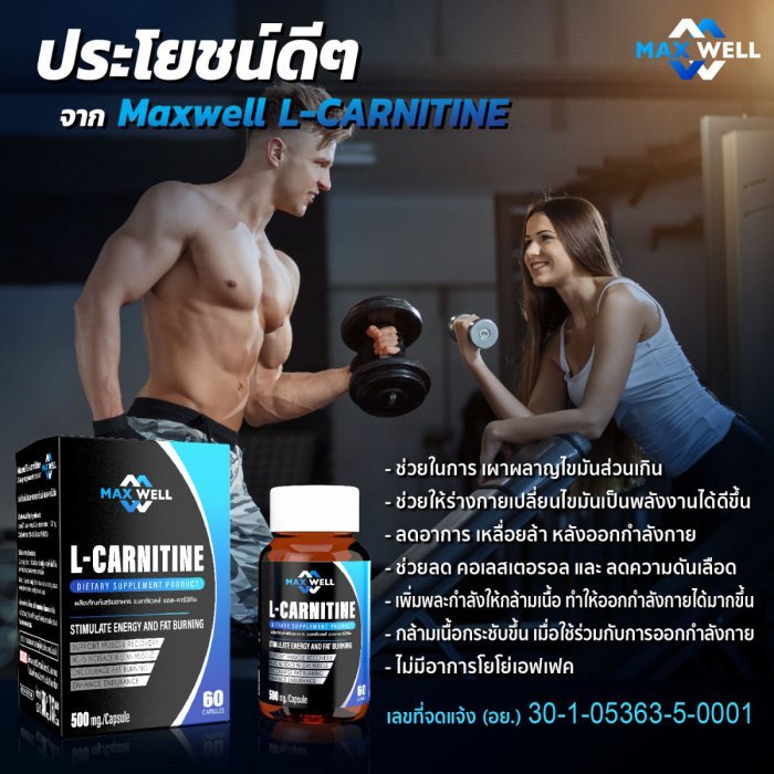 แอลคาร์นิทีน แมกซ์เวล Maxwell L-carnitine 60 แคปซูล แอลคานิทีน เผาผลาญไขมัน Lcarnitine 500mg