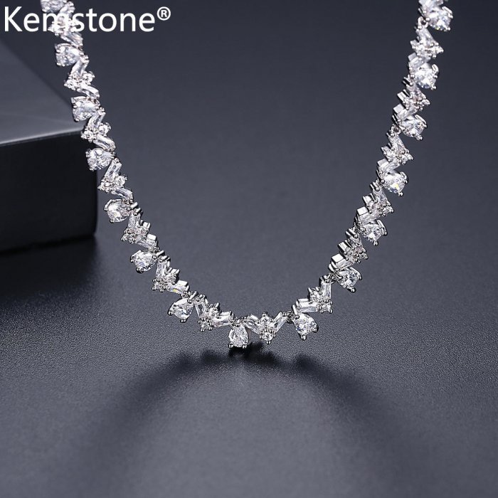 Kemstoneหรูหราคริสตัลสีเงินสีขาวหญิงเครื่องประดับสร้อยคอของขวัญสำหรับผู้หญิงแต่งงาน