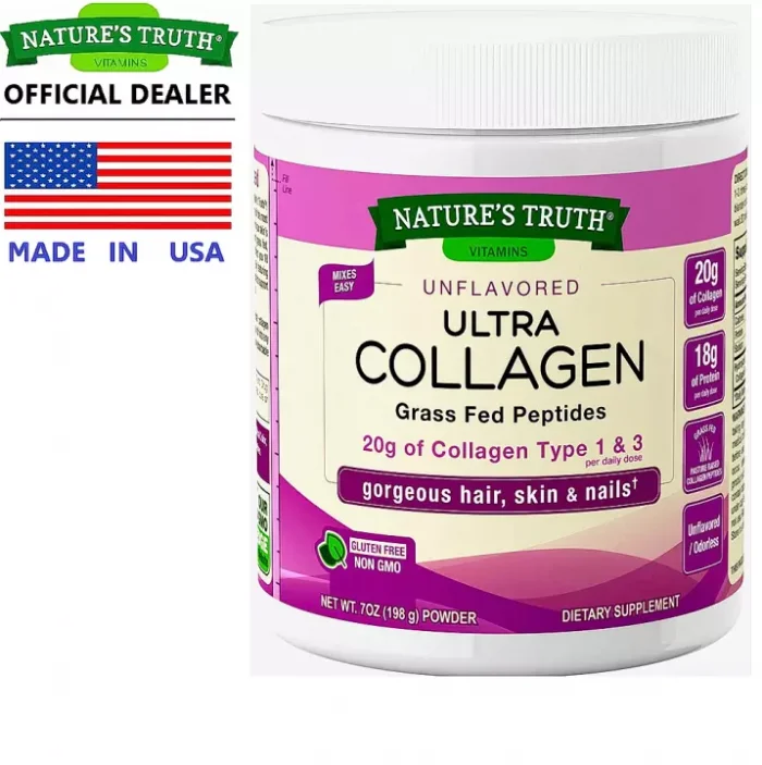 Nature’s Truth Ultra Collagen Powder 198 กรัม เนเจอร์ ทรูทร์ อัลตร้า คอลลาเจน ชนิดที่ 1 & 3 เส้นผม ผิวหนัง เล็บ / กินร่วมกับ กรดอะมิโน เอแอลเอ พิกโนจีนอล กลูต้า เมล็ดองุ่นสกัด วิตามินซี อี โคคิว10 ไลโ
