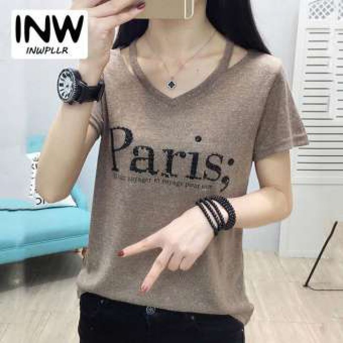 INWPLLR ผู้หญิงสไตล์เกาหลีเสื้อยืดเพชรฤดูร้อน V คอสั้นแขนเสื้อ TEE Tops เสื้อยืดแฟชั่นเสื้อพิมพ์ลายตัวอักษร TShirt ผู้หญิง