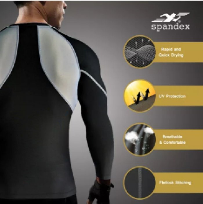 Spandex NS003 เสื้อรัดกล้ามเนื้อแขนยาวตัดต่อ สีดำ/ตาข่ายเทา L