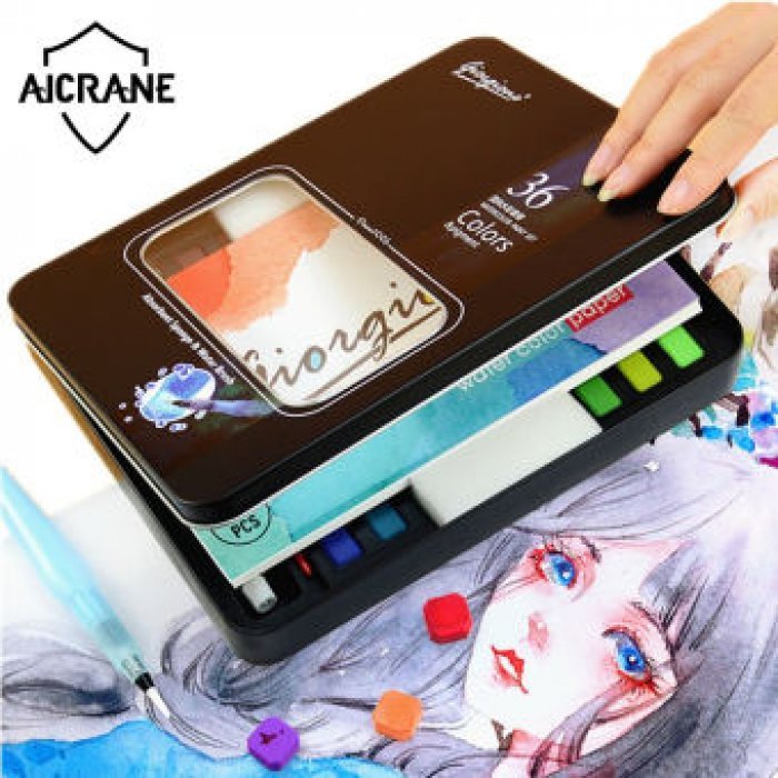 สีน้ำทึบ aicrane 36 สีน้ำ ชุด สีชุดสีศิลปินกล่องภาพวาดพร้อมปากกากระดาษและกระเป๋าอุปกรณ์ศิลปะของศิลปินของกำนัลฟรี 8 ชิ้นกระดาษระบายสีน้ำแปรงสีน้ำปากกาน้ำพุและดินสอถ่าน
