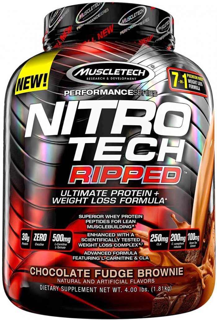 MuscleTech Nitro Tech Ripped Ultra Clean Whey Protein Isolate Powder + Weight Loss Formula Chocolate Fudge Brownie 30g protein 500mg L-carntine and L-tartrate 250 mg CLA 4 Lbs เวย์โปรตีนไอโซเลต ผสมแอล