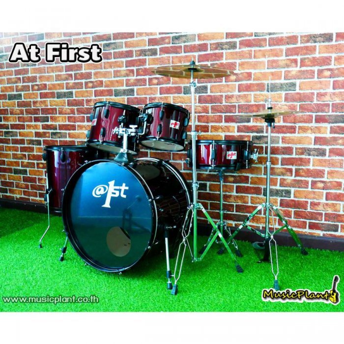 At First กลองชุด ใหญ่ 5 ใบ พร้อมฉาบและขาฉาบครบเซ็ต รุ่น Red Colour / Black Hoops